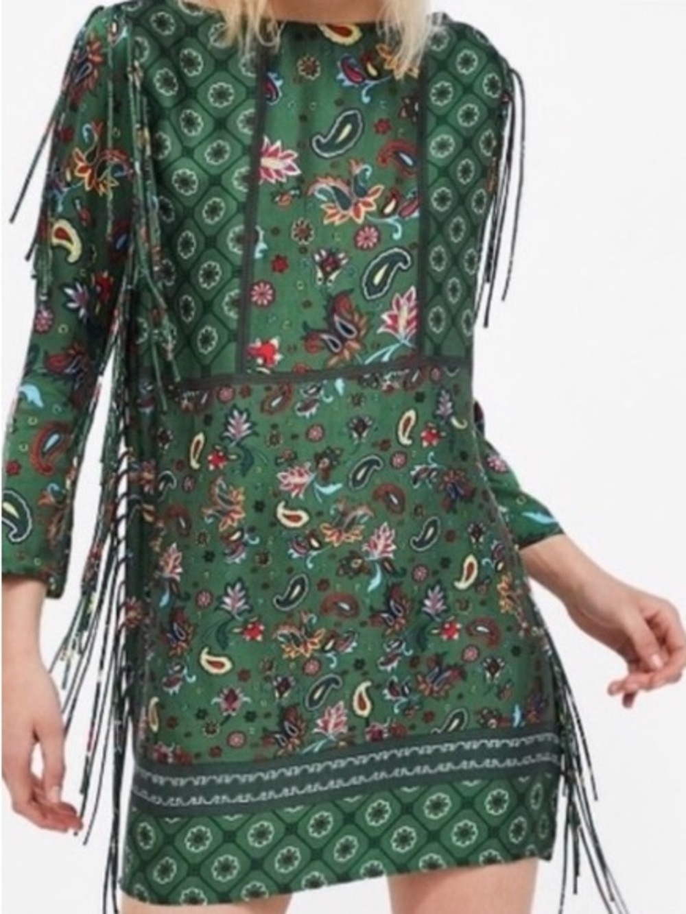 Zara| Green Paisley Printed Long Sleeved Tunic Dress with Side Fringe Sz XS